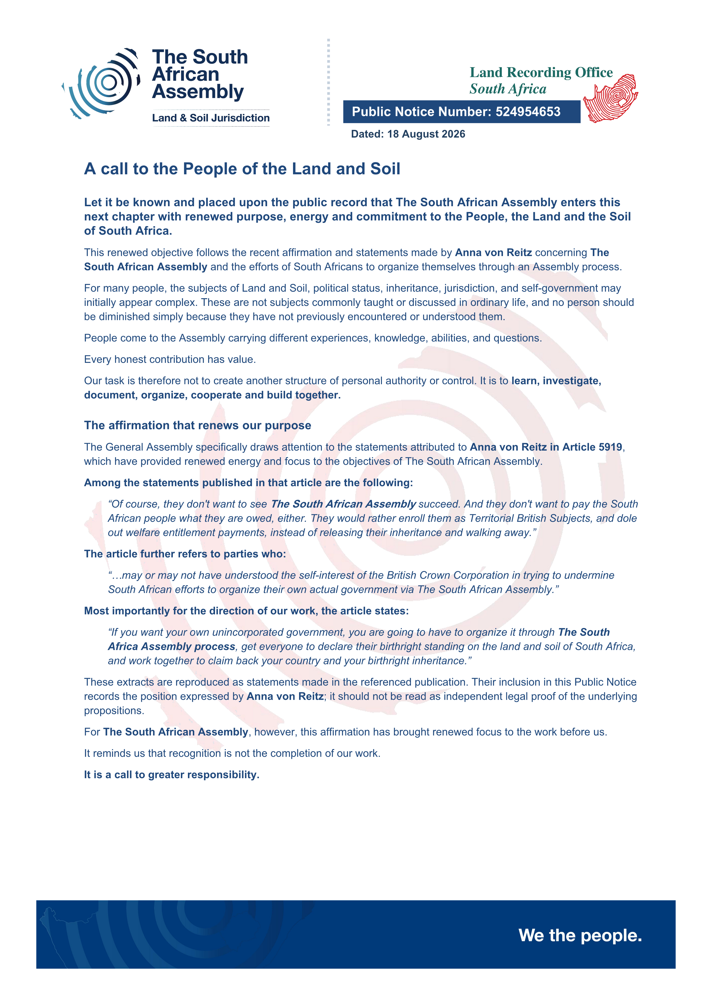 Public notice The South African Assembly Recording number 524954653 - A Call to the People